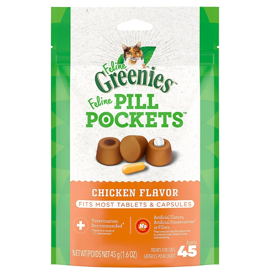 PetSmart Greenies Feline Pill Pockets Cat Treats - Chicken Flavor, Hide Medication for Cats, Soft Chews, 45 Count