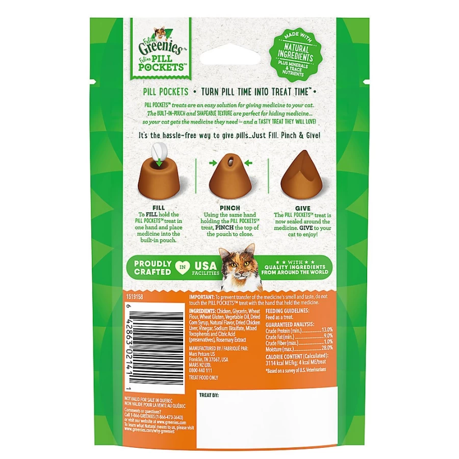 PetSmart Greenies Feline Pill Pockets Cat Treats - Chicken Flavor, Hide Medication for Cats, Soft Chews, 45 Count