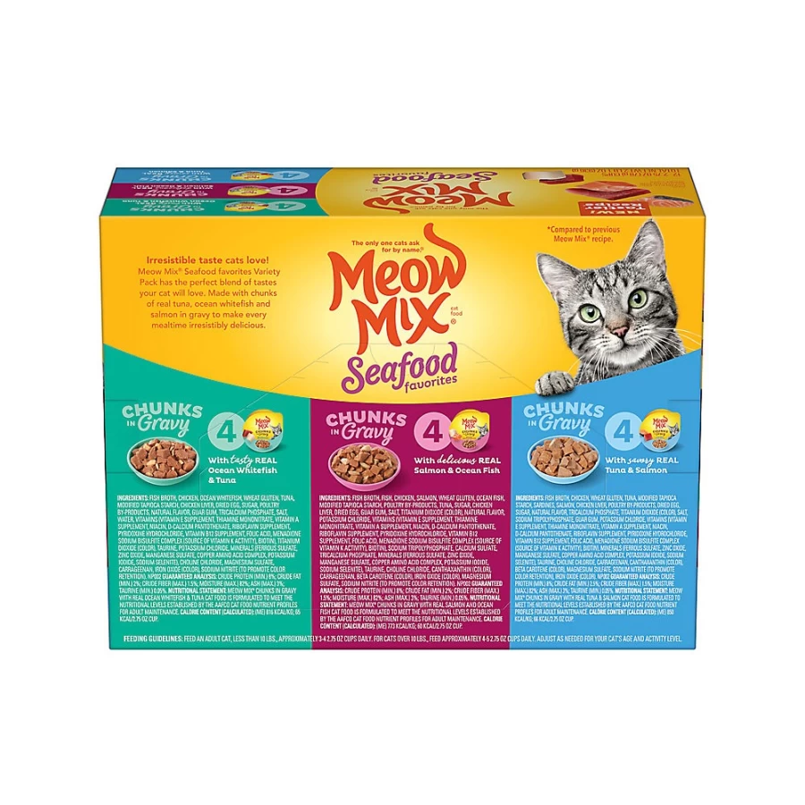 PetSmart Meow Mix Adult Wet Cat Food Variety Pack - Ocean Whitefish, Tuna & Salmon Flavors, High Protein Pate for Cats