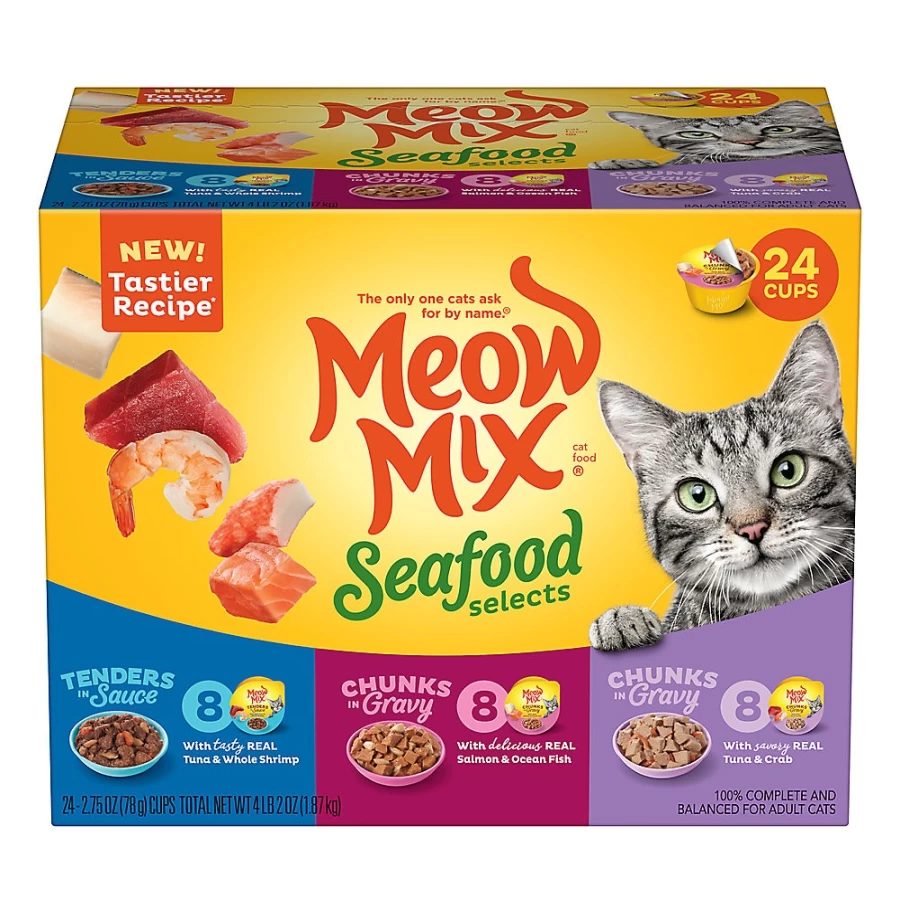 PetSmart Meow Mix Wet Cat Food Variety Pack - Tuna, Shrimp, Salmon, Ocean Fish & Crab for All Life Stages