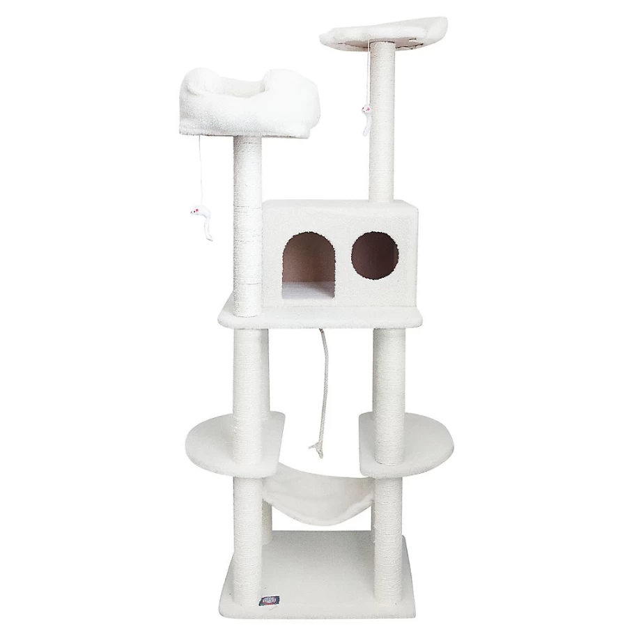 PetSmart Majestic 76-Inch Tall Cat Tree with Casita - Off White Plush Perch for Large Cats, Multi-Level Scratching Posts & Cozy Condo