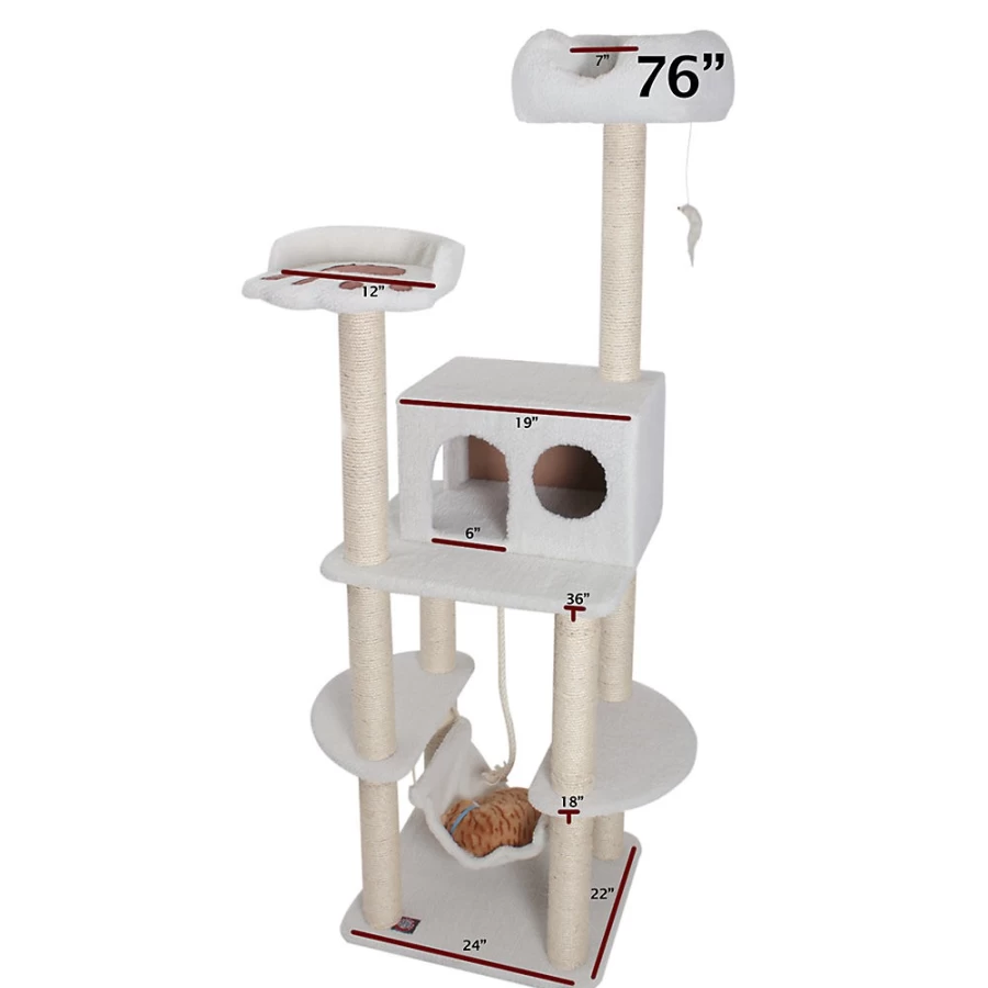 PetSmart Majestic 76-Inch Tall Cat Tree with Casita - Off White Plush Perch for Large Cats, Multi-Level Scratching Posts & Cozy Condo