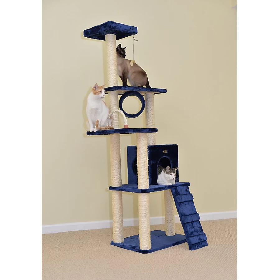 PetSmart Navy Blue Armarkat 71-inch Cat Tree with Faux Fur & Real Wood Kitty Playhouse