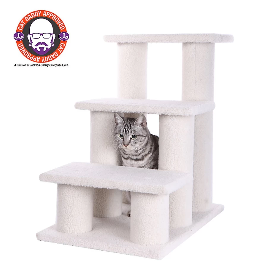 PetSmart Ivory Real Wood 3-Step Faux Fleece Cat Stairs & Dog Ramp for Indoor Pets - Armarkat Design