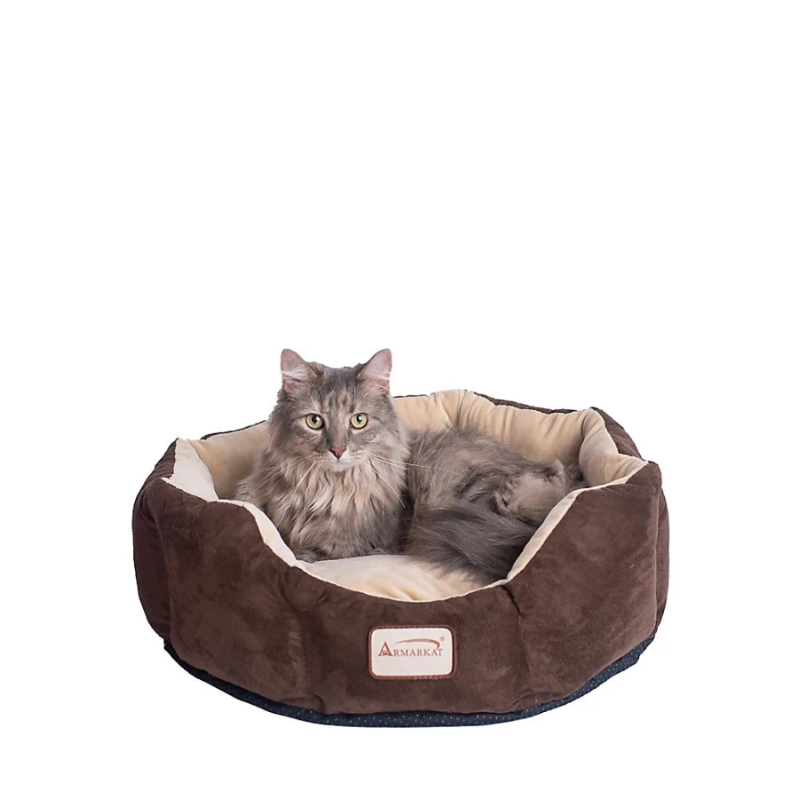 PetSmart Armarkat Mocha Beige Faux Suede Cat Bed - Cozy Cuddler for Cats