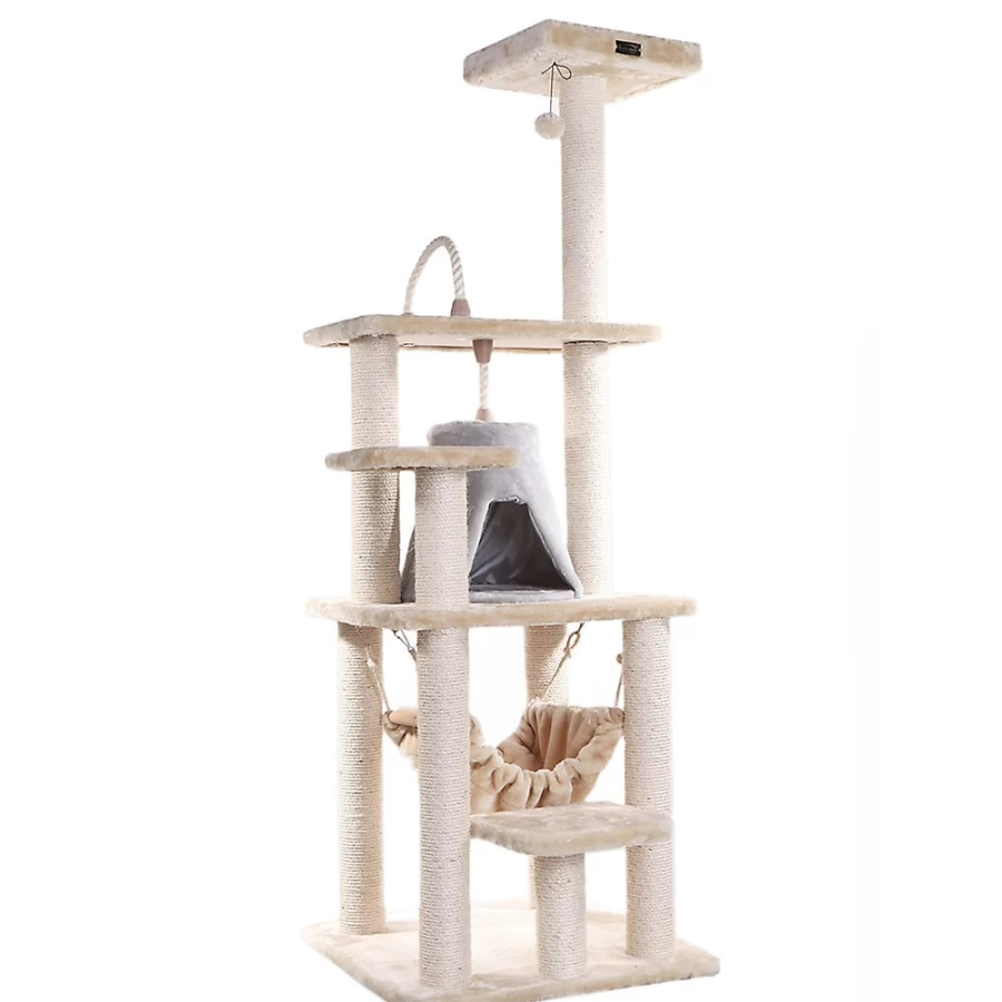 PetSmart Armarkat 65-inch Beige Cat Hammock with Faux Fur & Real Wood Condo - Cozy Tent House for Cats