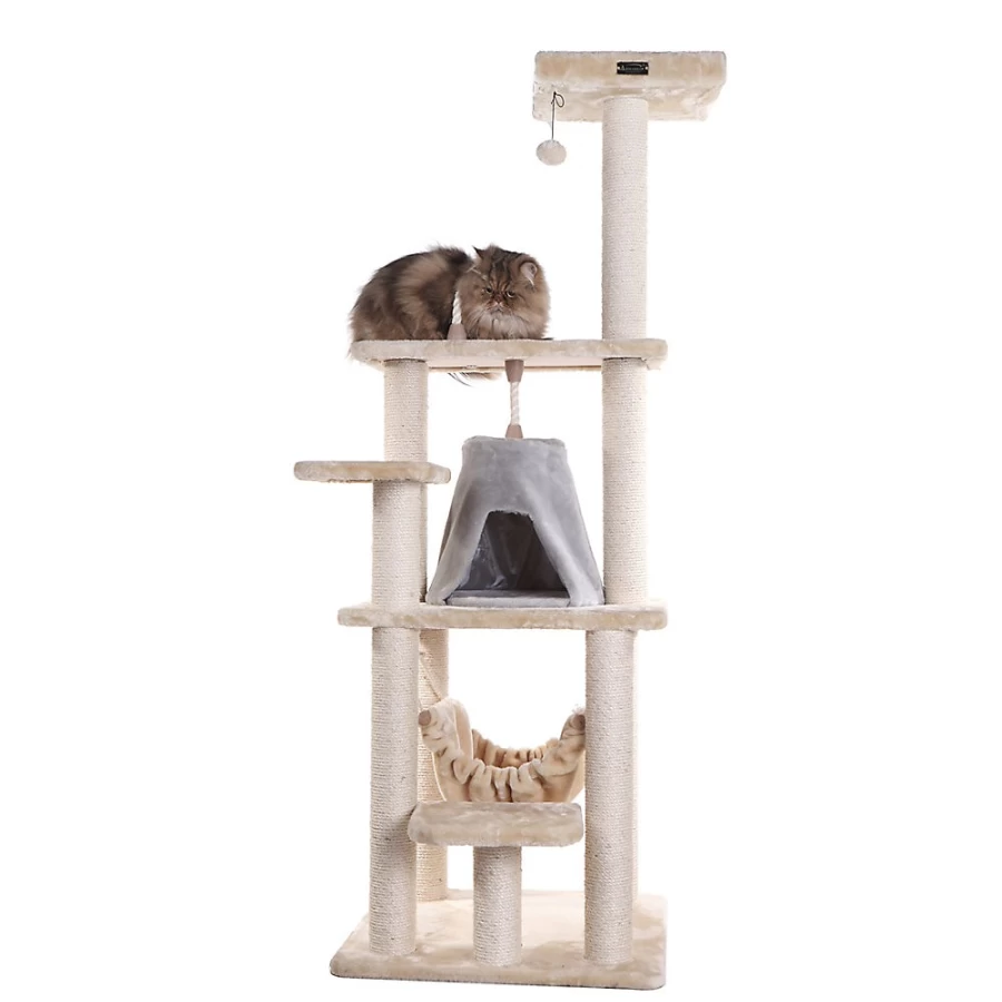 PetSmart Armarkat 65-inch Beige Cat Hammock with Faux Fur & Real Wood Condo - Cozy Tent House for Cats