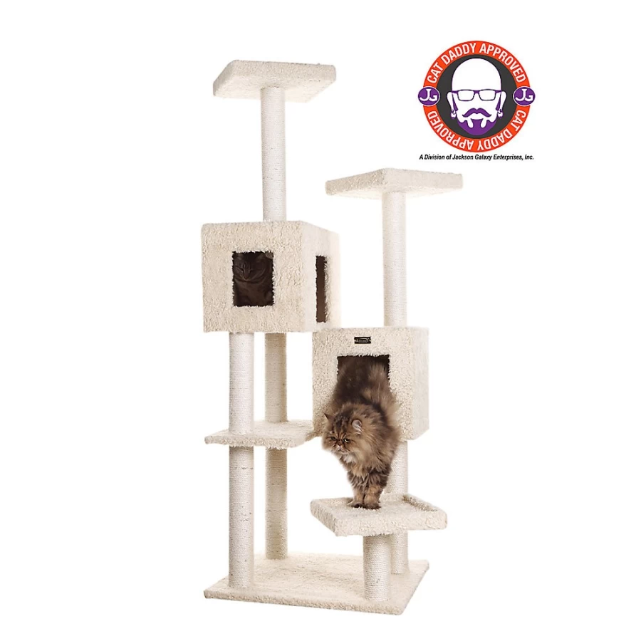 PetSmart Armarkat 67-inch Beige Cat Tree with Faux Fur, Wood Perch, and Spacious Cat Cave for Indoor Cats
