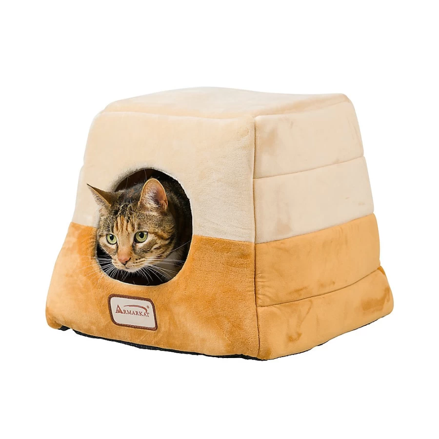 PetSmart Soft Velvet Enclosed Cat Bed - Cozy Brown/Beige Pet Bed for Cats by Armarkat