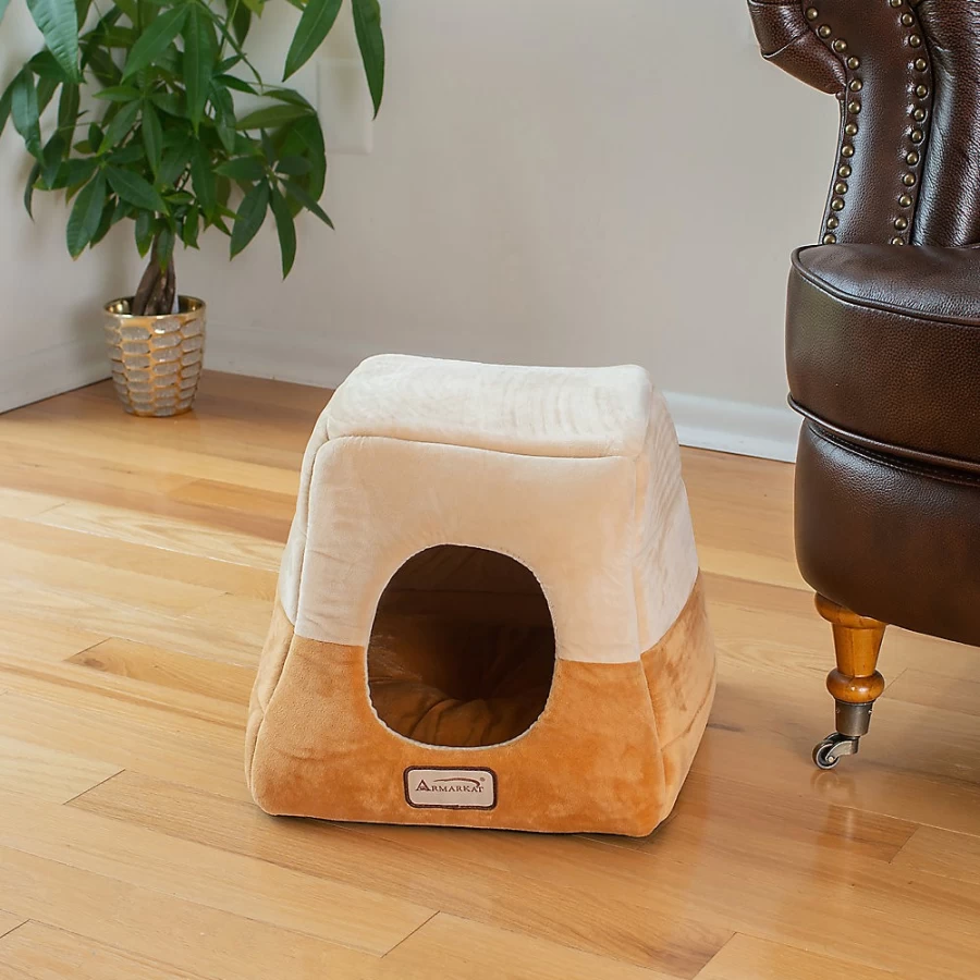 PetSmart Soft Velvet Enclosed Cat Bed - Cozy Brown/Beige Pet Bed for Cats by Armarkat