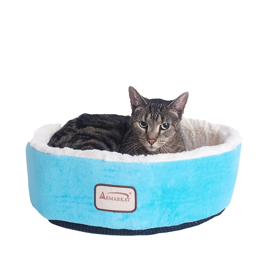 PetSmart Armarkat Luxe Velvet Pet Bed - Sky Blue & Ivory Plush Cuddler for Cats & Dogs