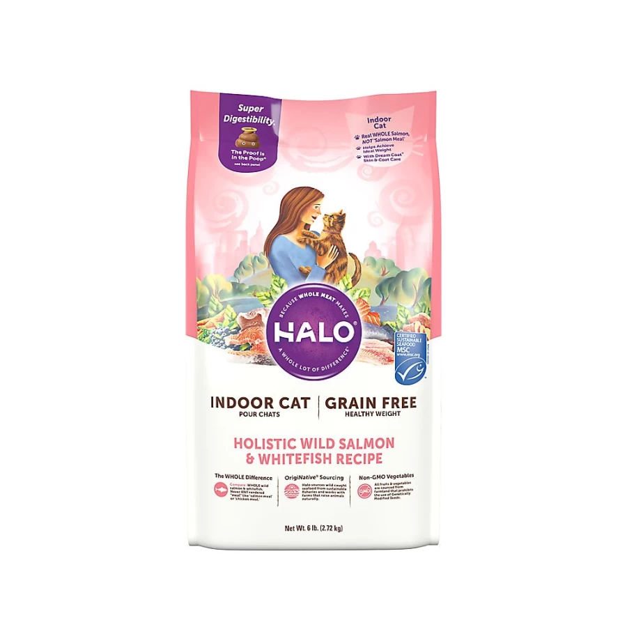 PetSmart HALO DreamCoat Indoor Cat Food - Grain Free, Healthy Weight, Wild Salmon & Whitefish Recipe Natural Dry Food
