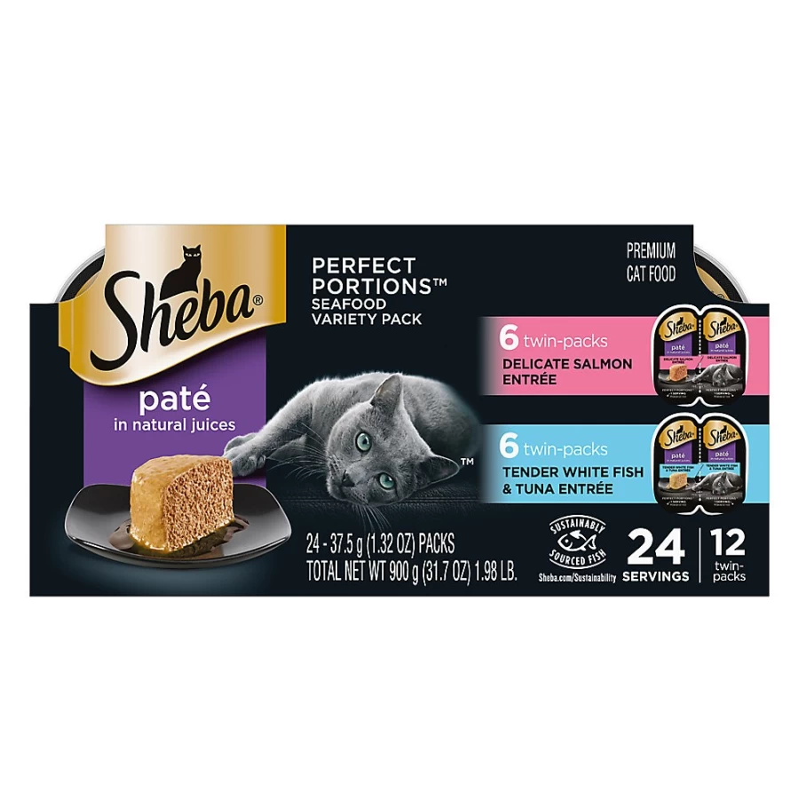 PetSmart Sheba Perfect Portions Wet Cat Food Pate - Grain-Free, Tender Paté in Delicious Sauces, 12 Count, Premium Adult Cat Meals