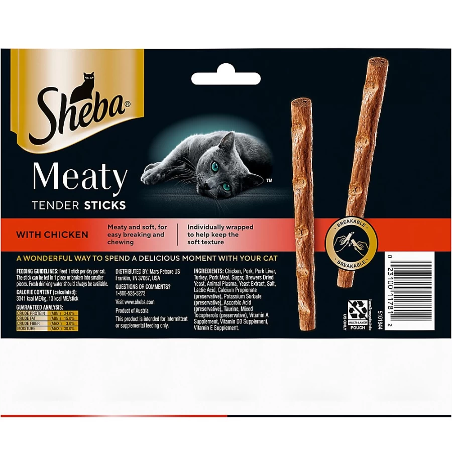 PetSmart Sheba Meaty Tender Sticks Soft Cat Treats for Adult Cats - Chicken Flavor, Savory & Delicious