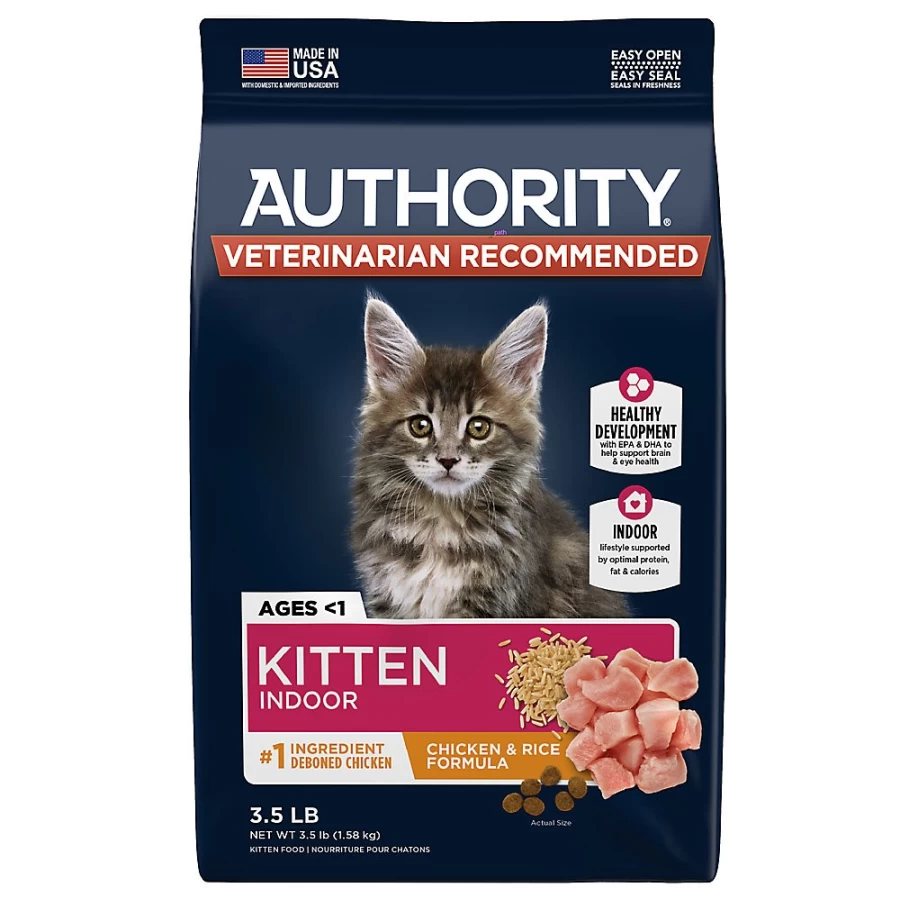 PetSmart Authority Everyday Health Indoor Kitten Dry Cat Food with Chicken & Rice - Grain-Included Formula for Optimal Growth