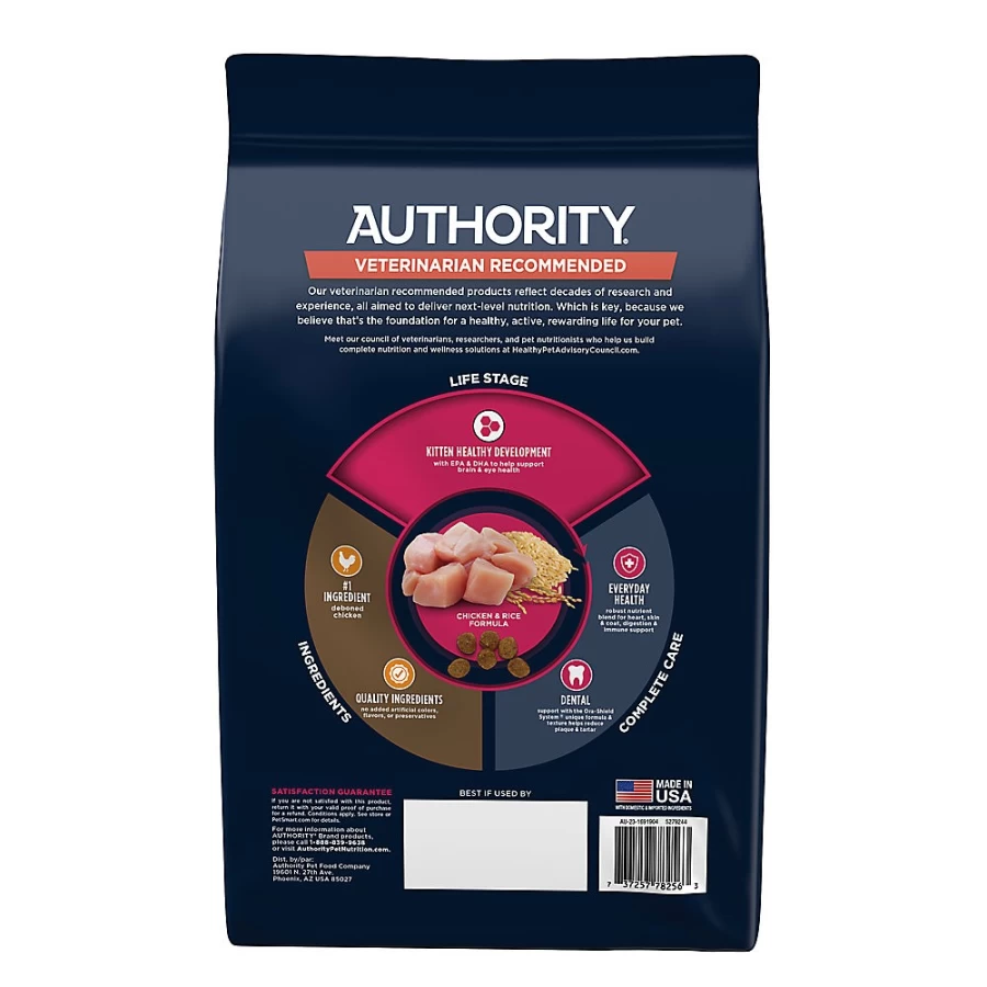 PetSmart Authority Everyday Health Kitten Dry Cat Food - Chicken & Rice Recipe, With-Grain Formula for Optimal Growth