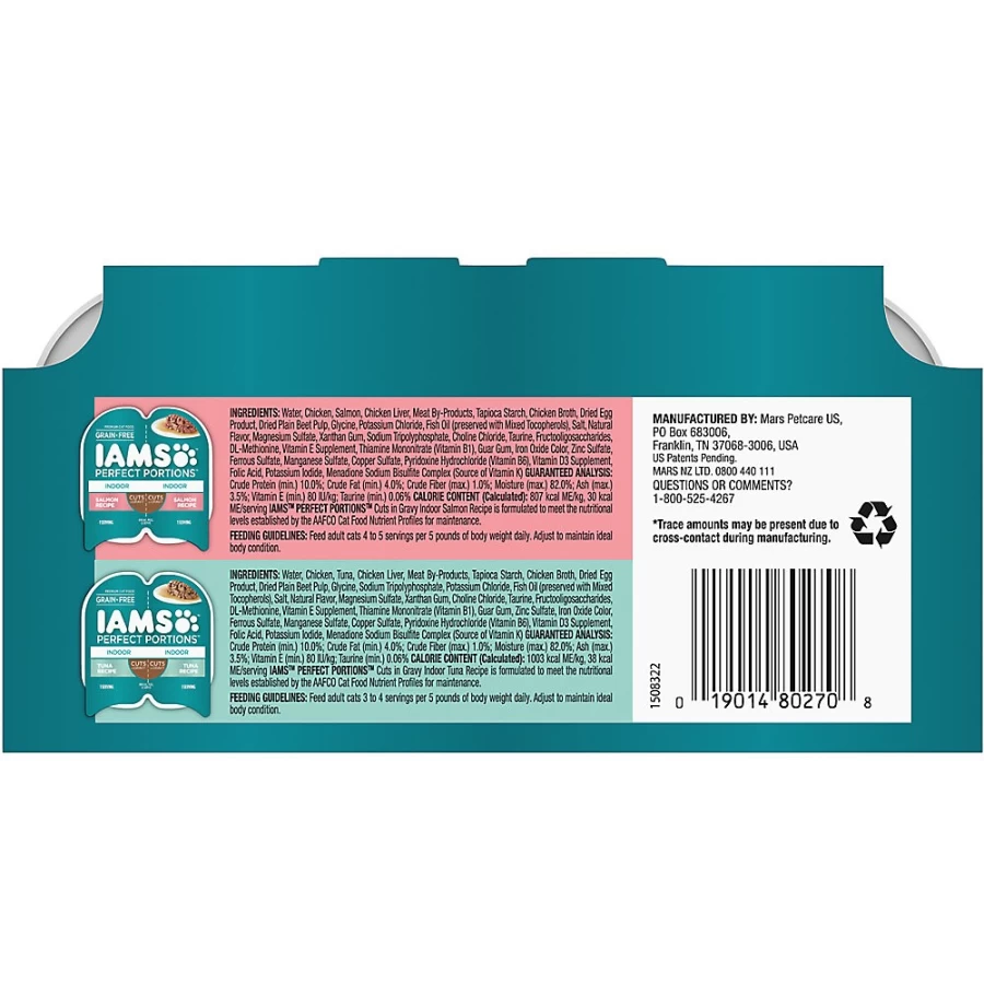 PetSmart IAMS Perfect Portions Indoor Adult Wet Cat Food Variety Pack - 12 Count, Tender Cuts in Gravy for Delicate Digestion