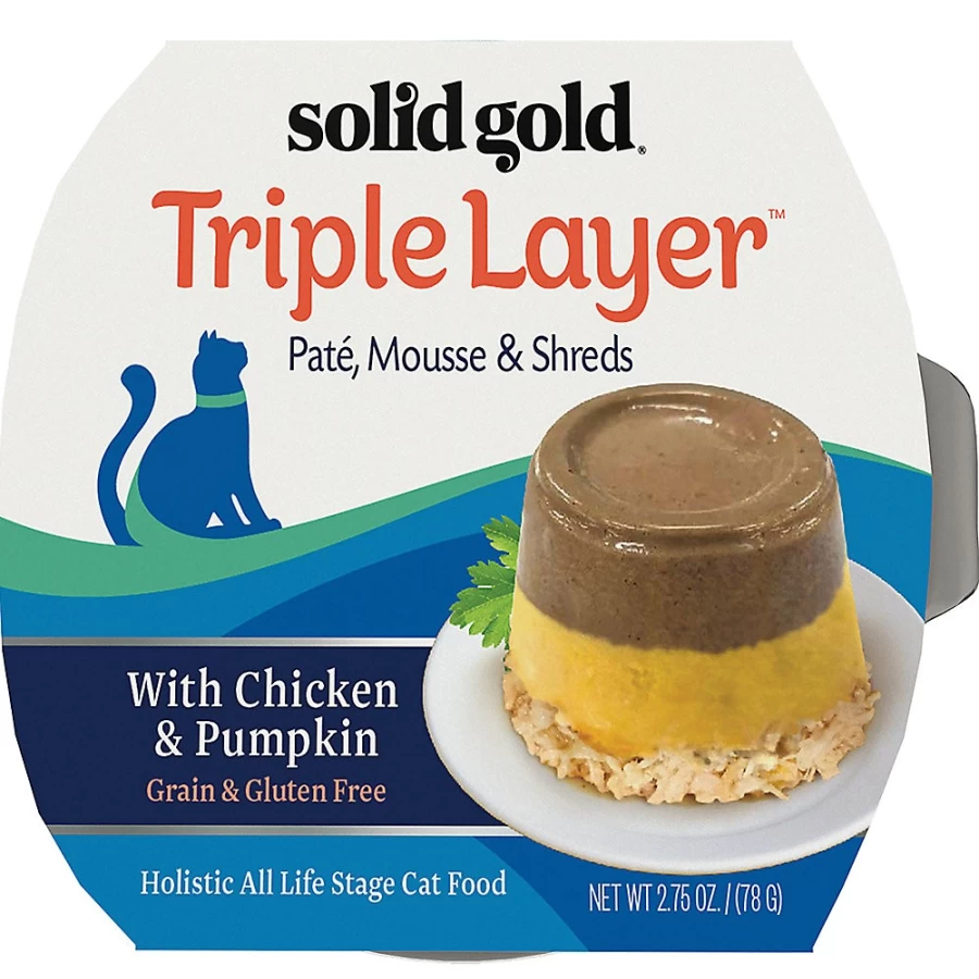 "PetSmart Solid Gold Triple Layer Pate, Mousse & Shreds Grain-Free Wet Cat Food - Gluten Free Recipe"
