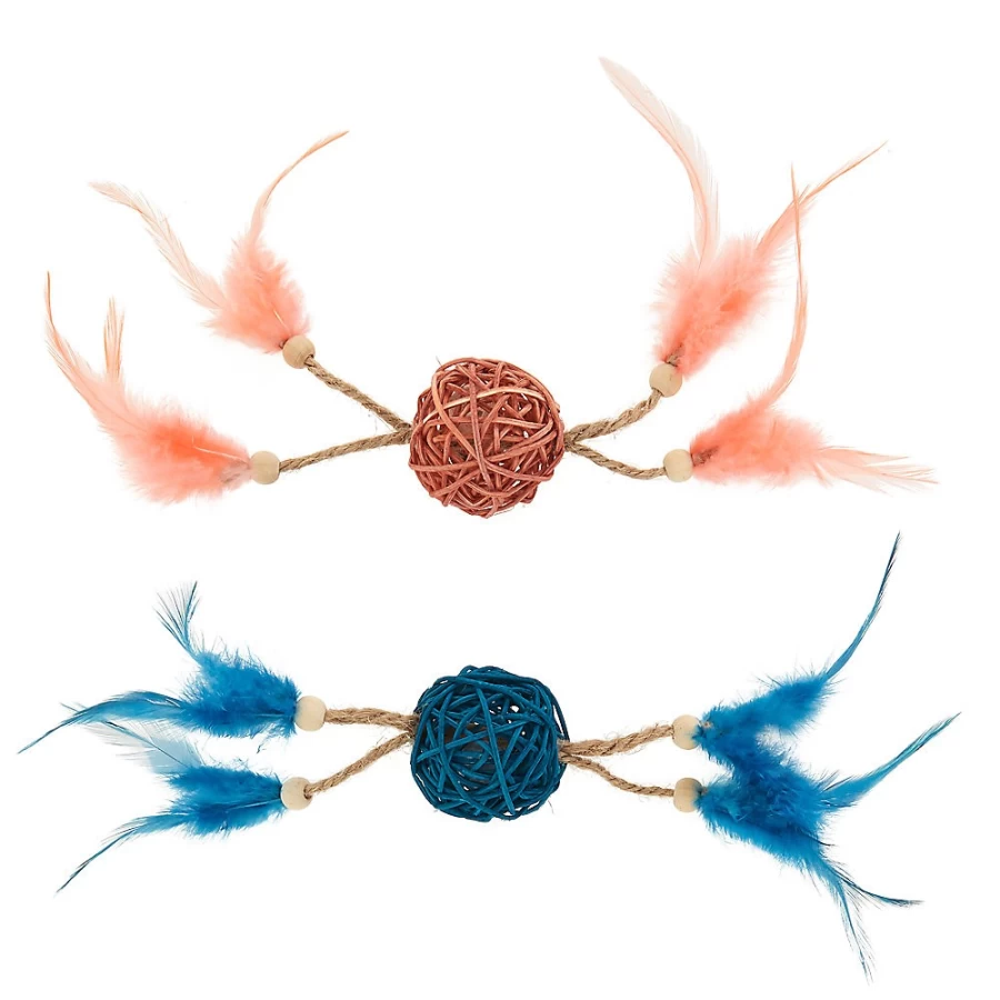 PetSmart Whisker City Interactive Cat Toys - 2-Pack Wicker Balls with Feathers for Playful Cats