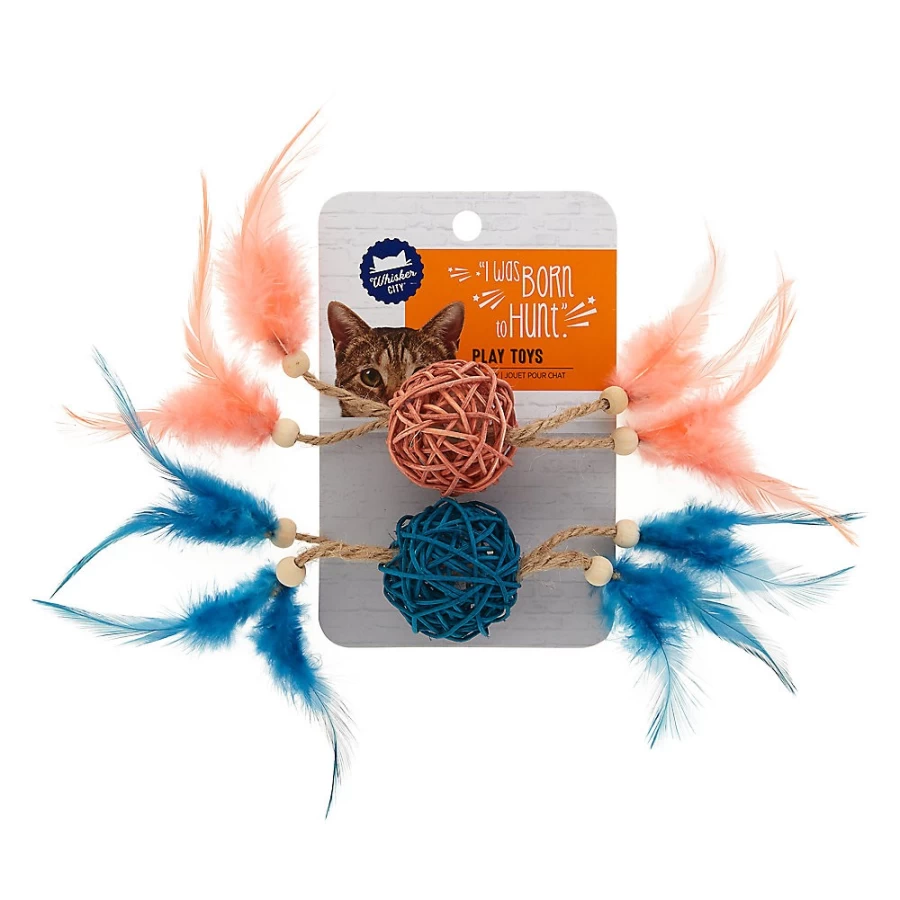 PetSmart Whisker City Interactive Cat Toys - 2-Pack Wicker Balls with Feathers for Playful Cats
