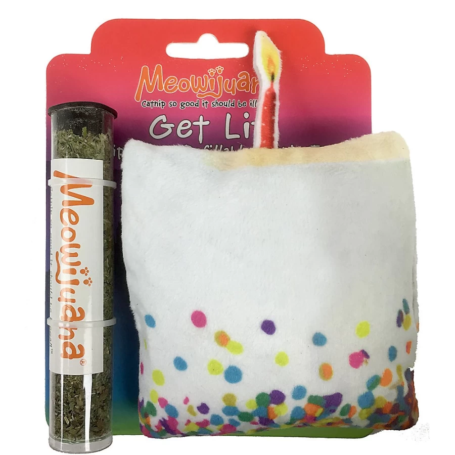 "PetSmart Meowijuana Get Lit Birthday Cake Refillable Catnip Cat Toy for Play & Enrichment"