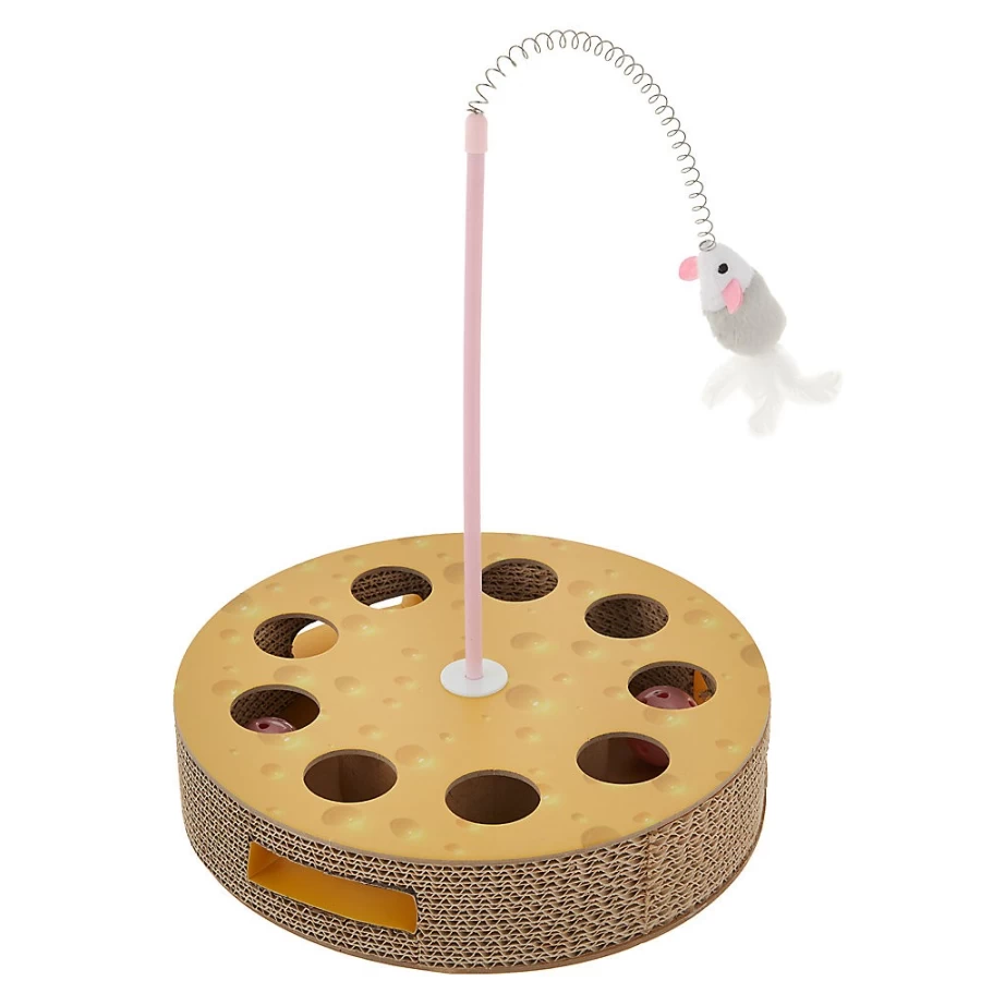 PetSmart Whisker City Interactive Cat Toy - Corrugated Cheese Hunting Box with Teaser Wand for Playful Cats