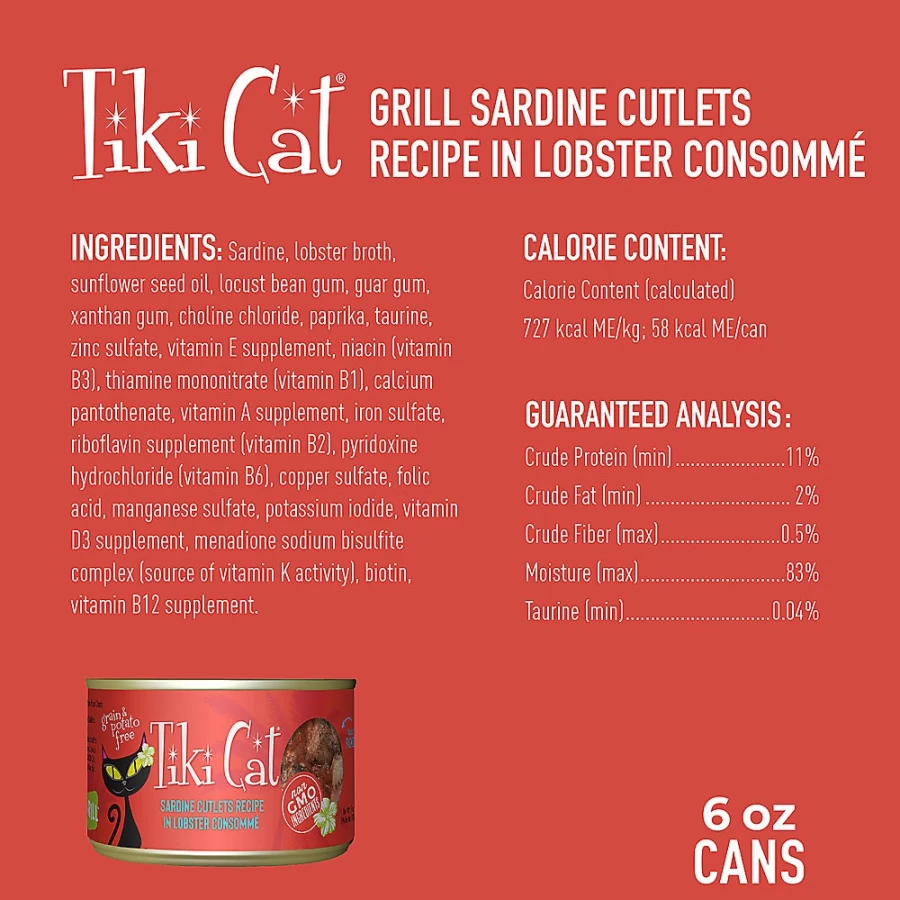 PetSmart Tiki Cat Grill Grain-Free Wet Cat Food - Non-GMO, Potato Free, 6oz Can, High Protein Natural Recipe