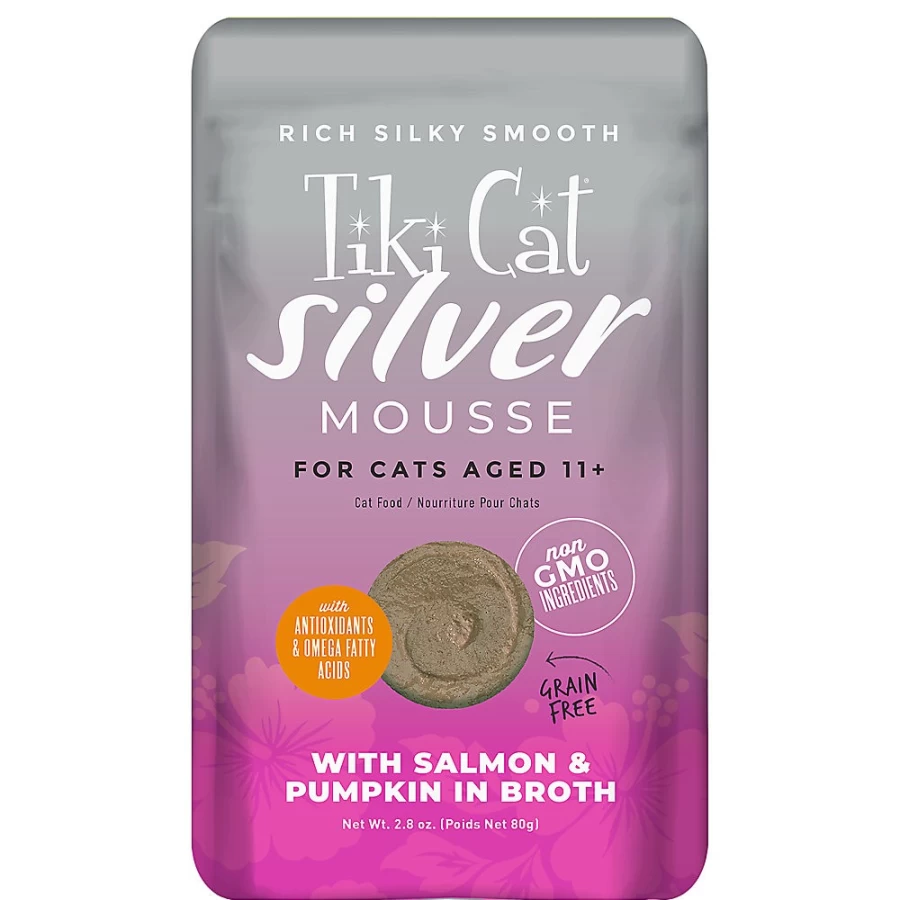 PetSmart Tiki Cat Velvet Mousse Senior Cat Food - Grain-Free, High-Protein Salmon Recipe, 2.8oz Pouch for Older Cats