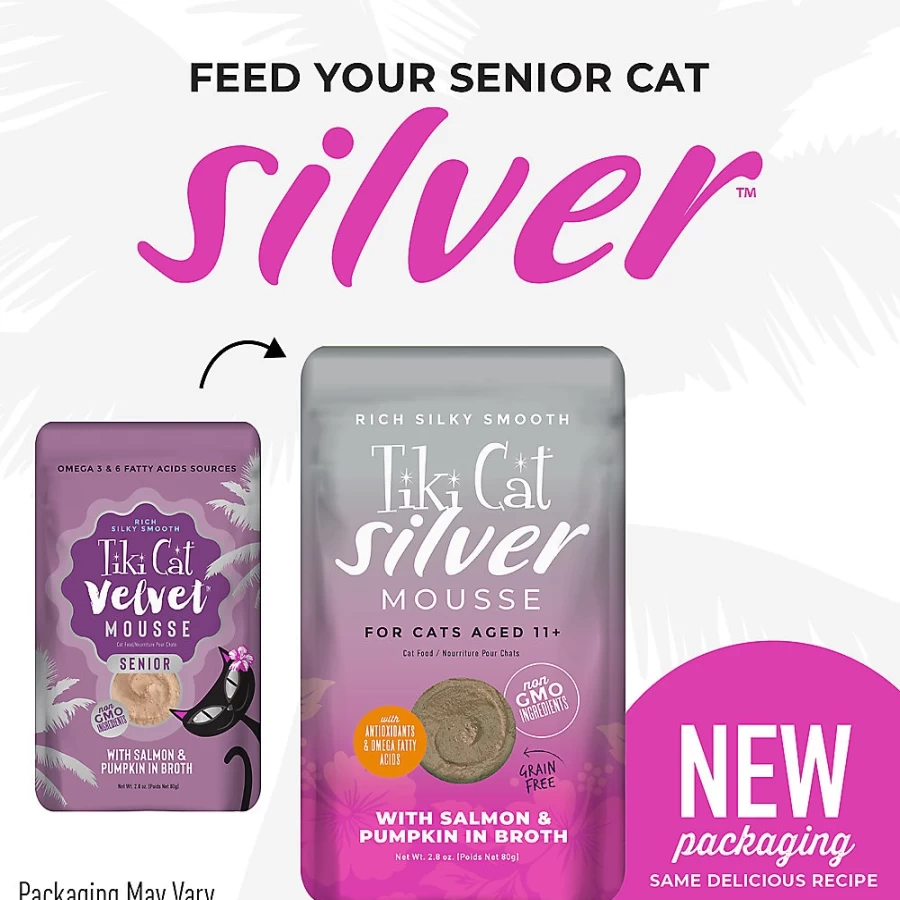 PetSmart Tiki Cat Velvet Mousse Senior Cat Food - Grain-Free, High-Protein Salmon Recipe, 2.8oz Pouch for Older Cats