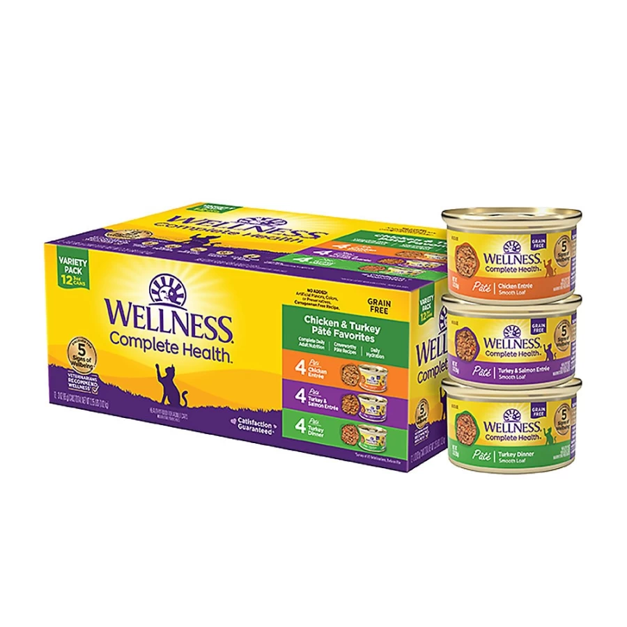 PetSmart Wellness Complete Health Natural Wet Cat Food Variety Pack - Grain-Free Pate Recipes for Adult Cats