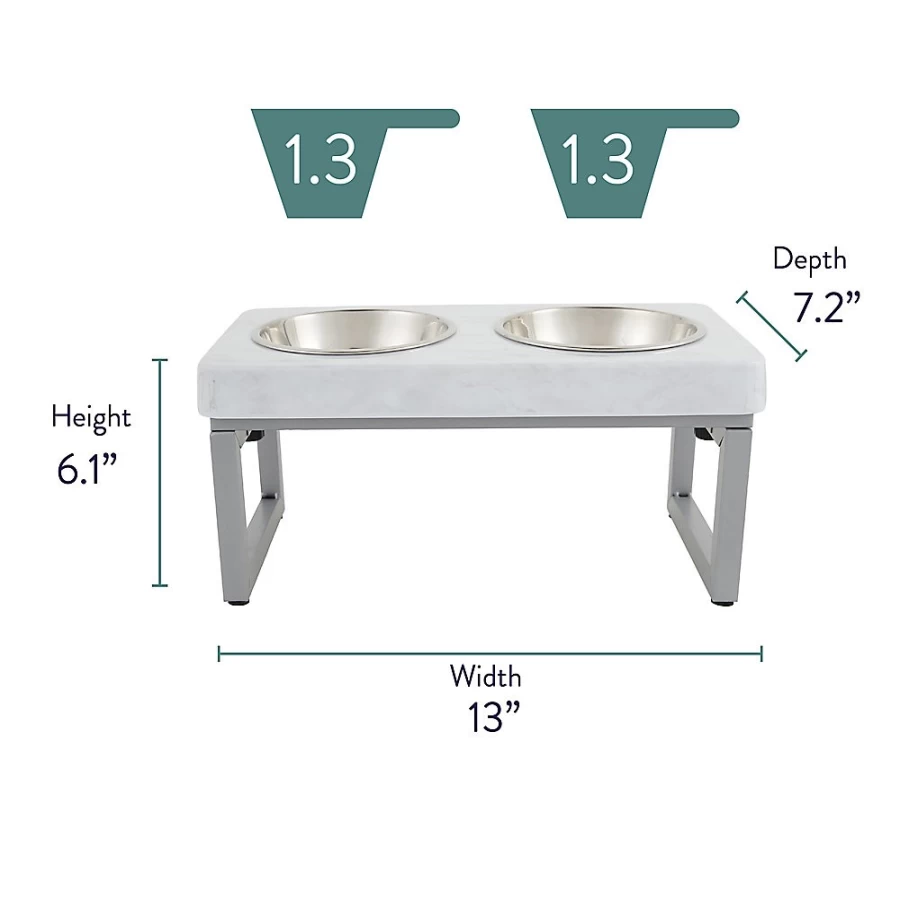 PetSmart Whisker City Elevated Cat Bowls - Foldable White Marble Design, 1.25-Cup Double Diner for Cats