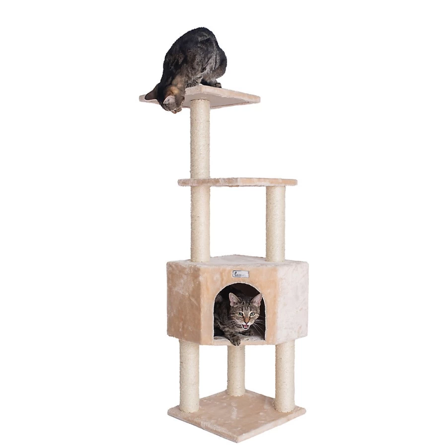 PetSmart GleePet 48-inch Faux Fur Cat Tree with Real Wood Perch, Beige Modern Cat Condo for Indoor Cats