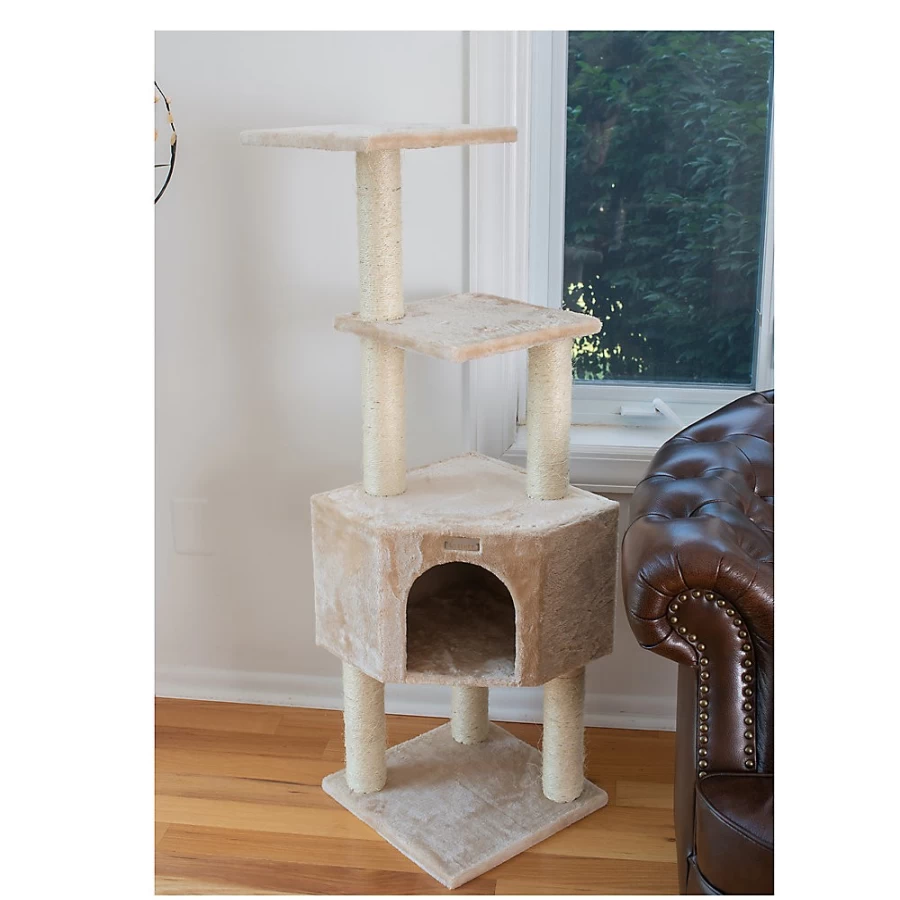 PetSmart GleePet 48-inch Faux Fur Cat Tree with Real Wood Perch, Beige Modern Cat Condo for Indoor Cats