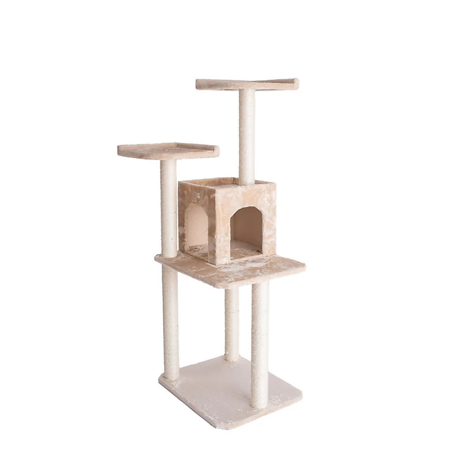PetSmart GleePet 57-Inch Cat Tree with Condo - Real Wood Base, Beige Faux Fur, Large Cat Climbing Tower for Indoor Cats