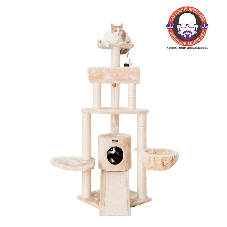 PetSmart Armarkat 58-inch Beige Faux Fur Cat Tree with Real Wood Perches - Multi-Level Kitty Condo for Climbing & Scratching