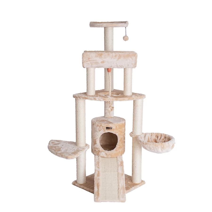 PetSmart Armarkat 58-inch Beige Faux Fur Cat Tree with Real Wood Perches - Multi-Level Kitty Condo for Climbing & Scratching