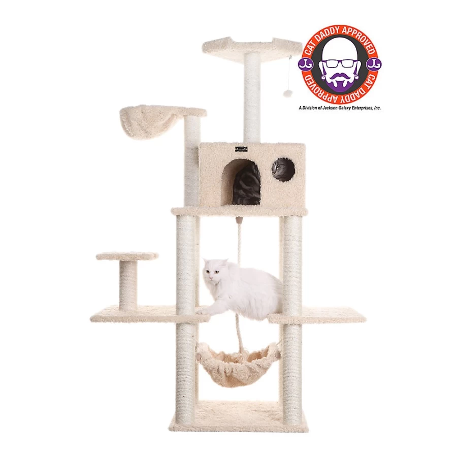 PetSmart Armarkat 69-inch Beige Faux Fur Cat Hammock with Real Wood Perch - Heavy Duty Cat Tree for Climbing & Lounging