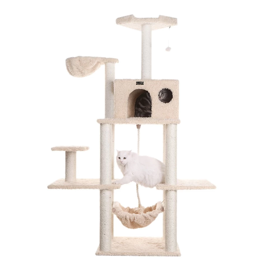 PetSmart Armarkat 69-inch Beige Faux Fur Cat Hammock with Real Wood Perch - Heavy Duty Cat Tree for Climbing & Lounging
