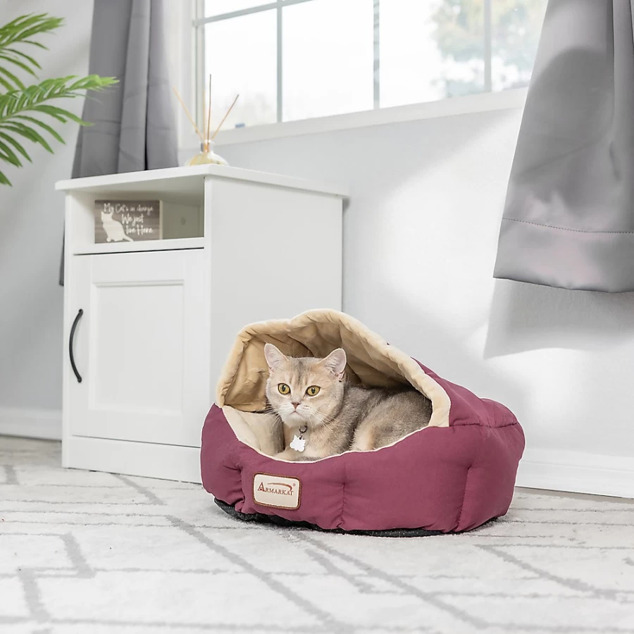 PetSmart Armarkat Burgundy & Beige Cat Cave Bed for Indoor Cats