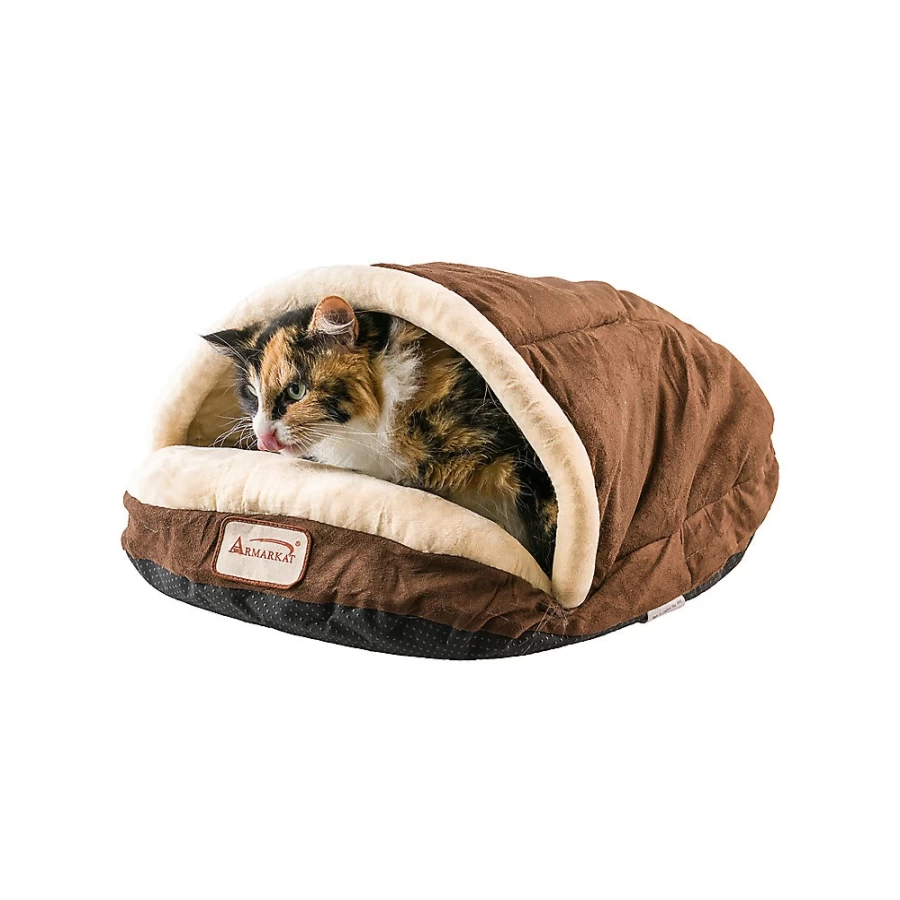 PetSmart Armarkat Mocha Luxe Velvet Burrow Cave Bed for Cats - Soft & Cozy Cat Cave
