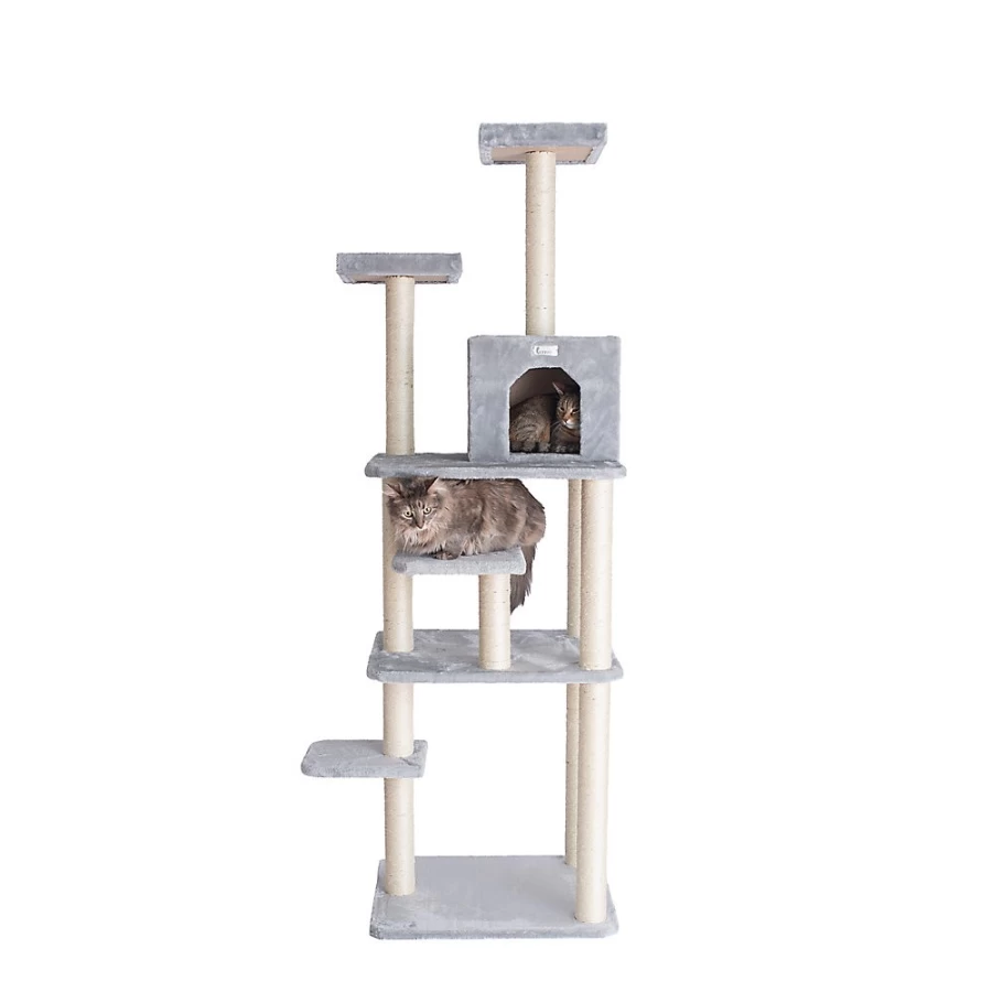 PetSmart GleePet 74-inch Silver Gray Cat Tree with Real Wood & Faux Fur - Multi-Platform Perch for Cats
