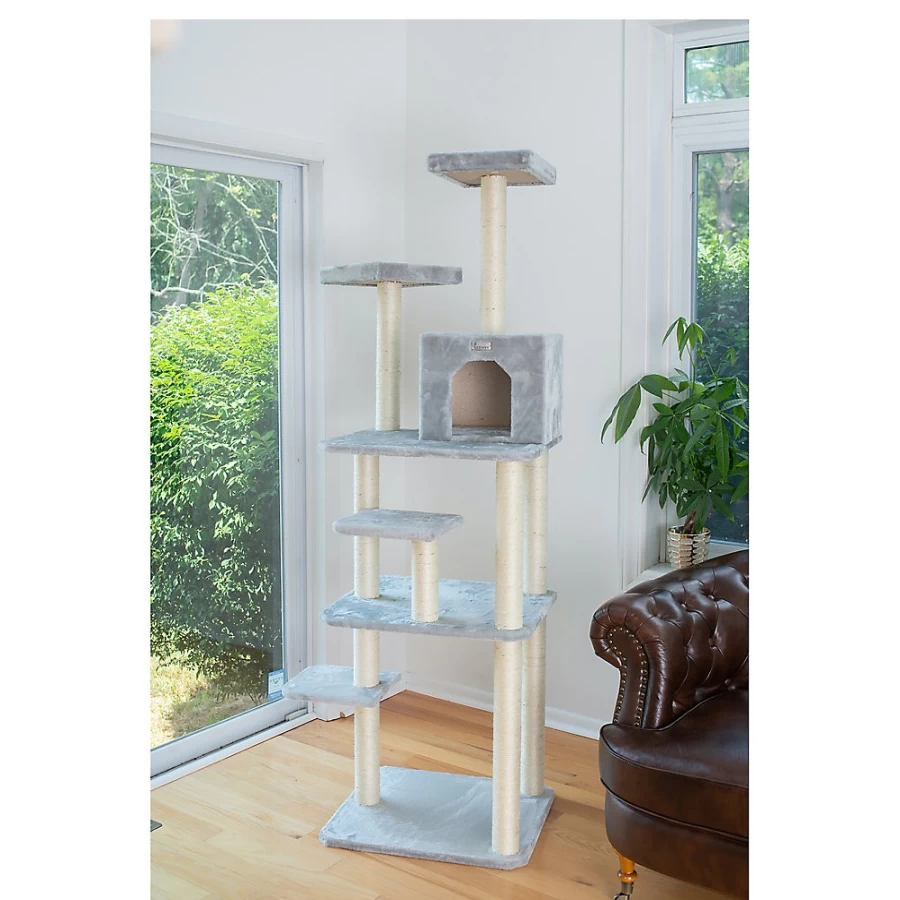 PetSmart GleePet 74-inch Silver Gray Cat Tree with Real Wood & Faux Fur - Multi-Platform Perch for Cats