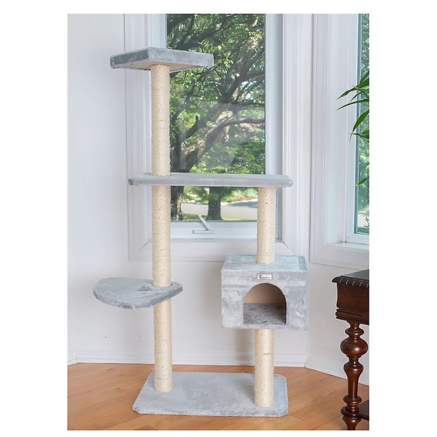 PetSmart GleePet 57-inch Gray Cat Tree with Perch - Real Wood & Faux Fur for Climbing and Scratching