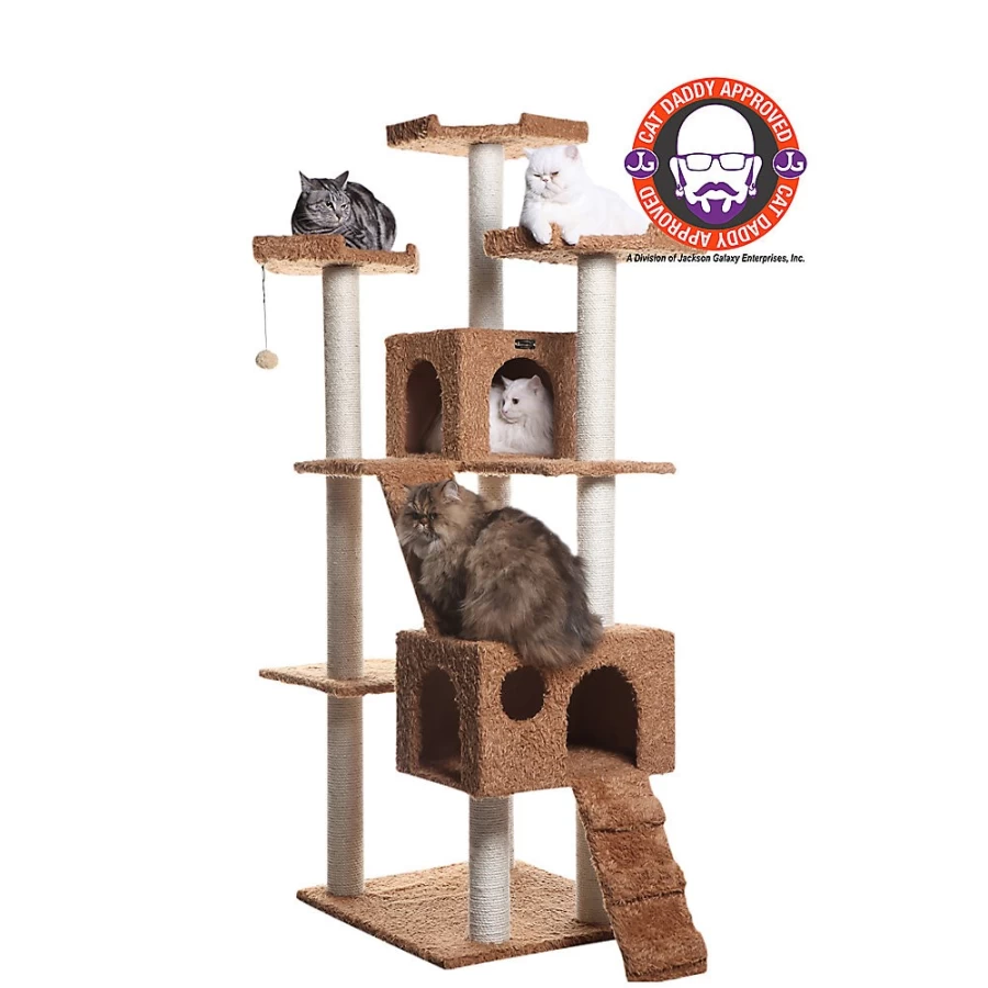 PetSmart Armarkat 74-inch Cat Tree with Playhouses, Ramps & Real Wood Perches in Ochre Brown - Faux Fur Covered Kitty Condo for Climbing & Scratching