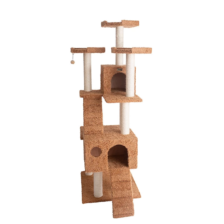 PetSmart Armarkat 74-inch Cat Tree with Playhouses, Ramps & Real Wood Perches in Ochre Brown - Faux Fur Covered Kitty Condo for Climbing & Scratching