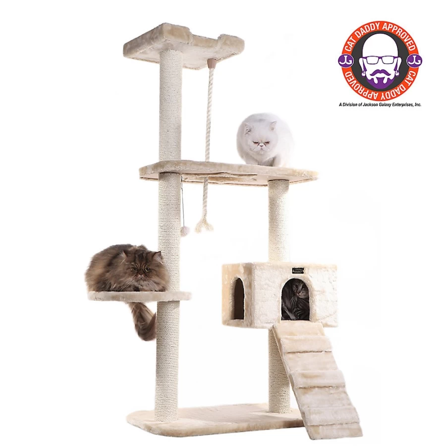 PetSmart Armarkat 58-inch Beige Faux Fur Cat Tree with Real Wood Perches for Climbing and Scratching