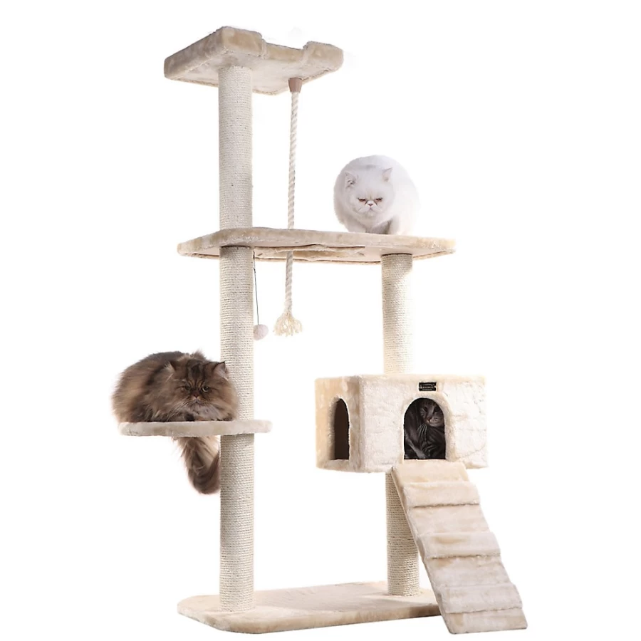 PetSmart Armarkat 58-inch Beige Faux Fur Cat Tree with Real Wood Perches for Climbing and Scratching