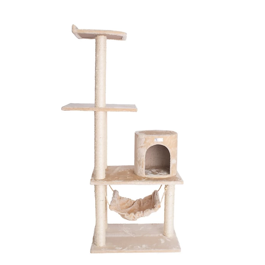 PetSmart GleePet 59-inch Faux Fur Round Cat Condo with Hammock and Real Wood Perch, Beige Cat Tree for Indoor Cats