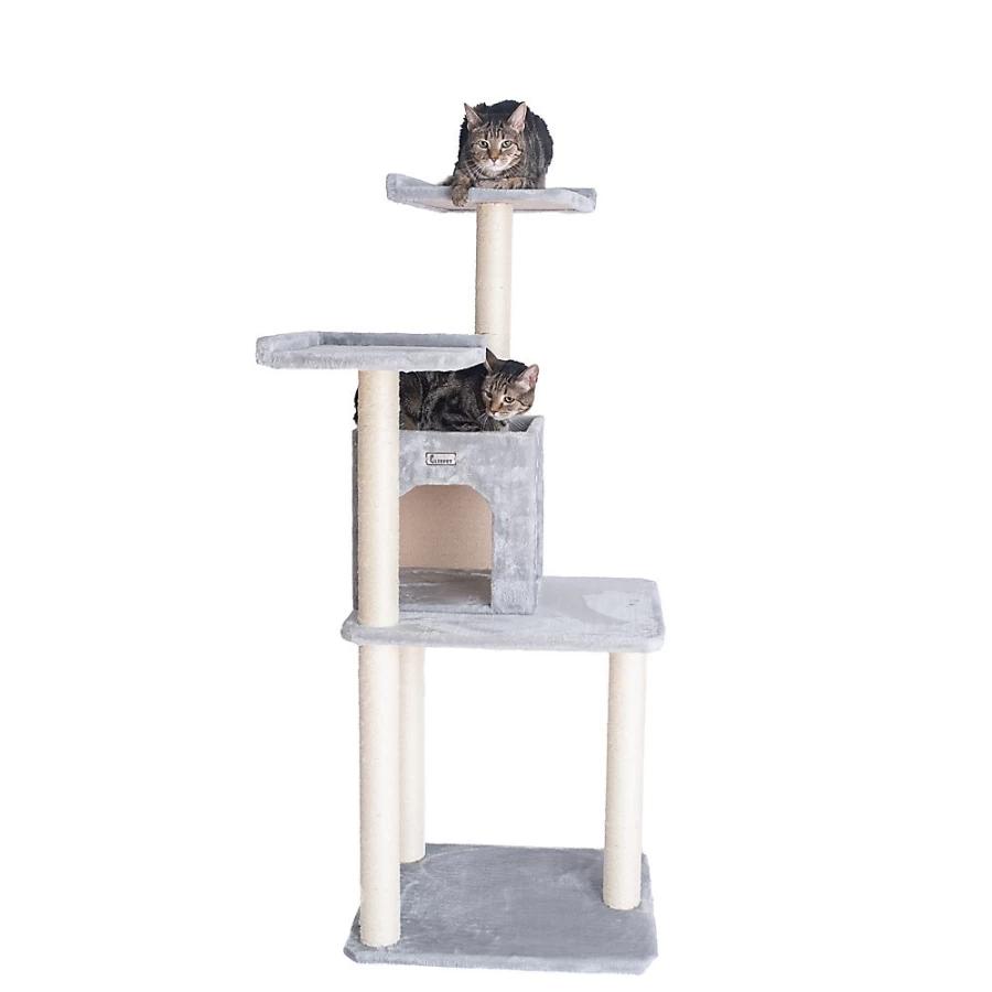 PetSmart 57-inch Silver Gray Faux Fur Cat Tree with 2 Doors and Real Wood Condo for Cats