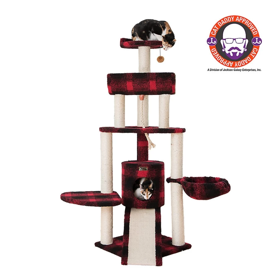 PetSmart Armarkat 58-inch Classic Faux Fleece Cat Tree with Real Wood Perch, Red & Black Tartan Plaid Design